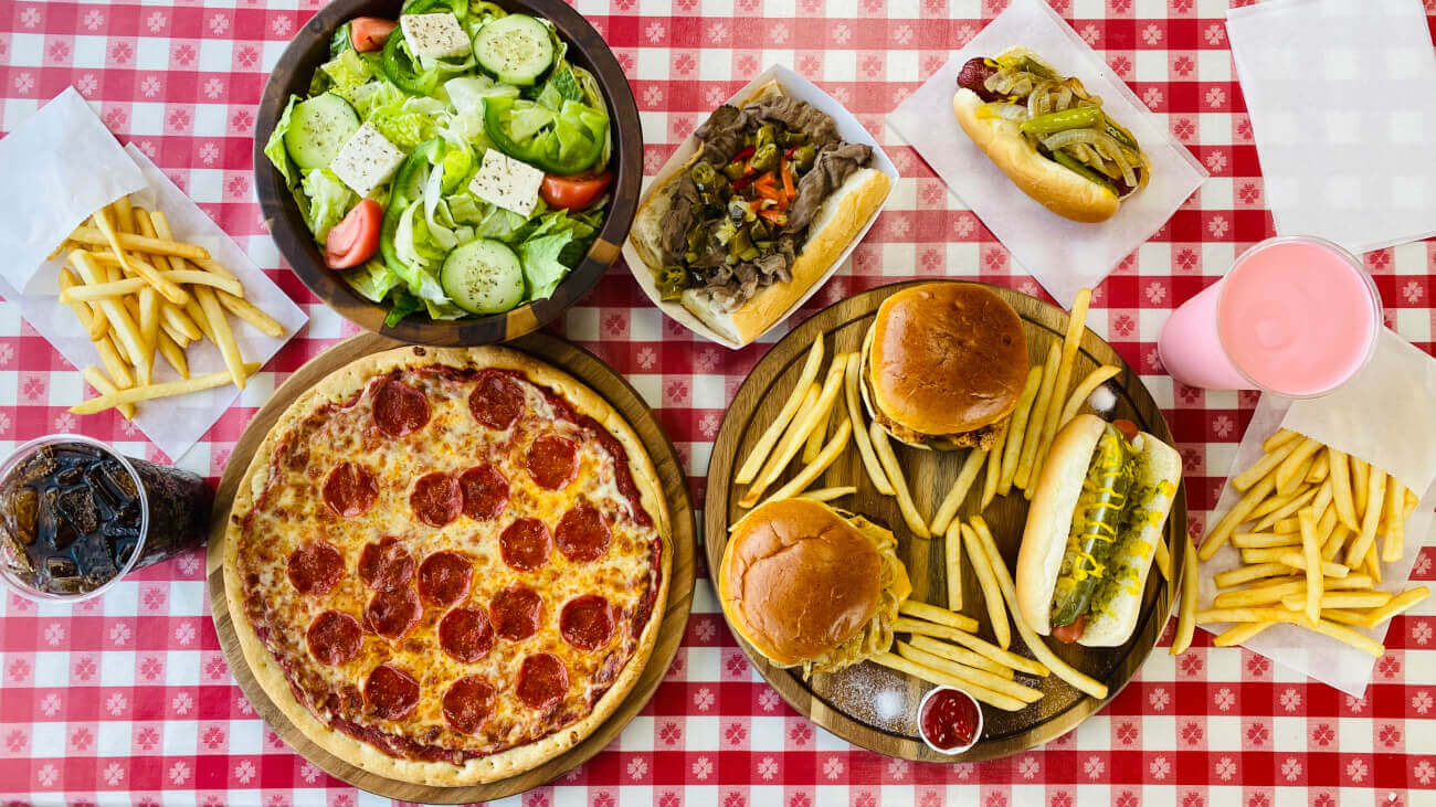 Pizza, salad, burgers, sandwiches